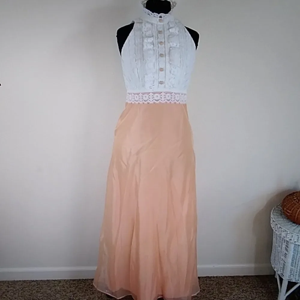 VTG,HANDMADE PEACH PINK ORANGE LACE FORMAL WOMEN DRESS SIZE SMALL APPROXIMATE